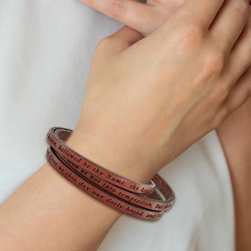 Stainless Steel Amen Lord'S Prayer Brown Leather Wrap With Magnetic Clasp 21 Inch Bracelet