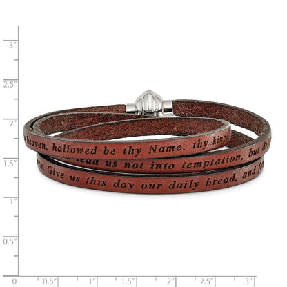 Stainless Steel Amen Lord'S Prayer Brown Leather Wrap With Magnetic Clasp 21 Inch Bracelet