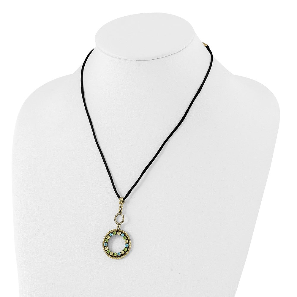 Fashion 1928 Jewelry Brass-Tone Blue Green And Light Colorado Crystal Double Circle Adjustable 16 Inch Satin Cord Necklace With 3 Extension