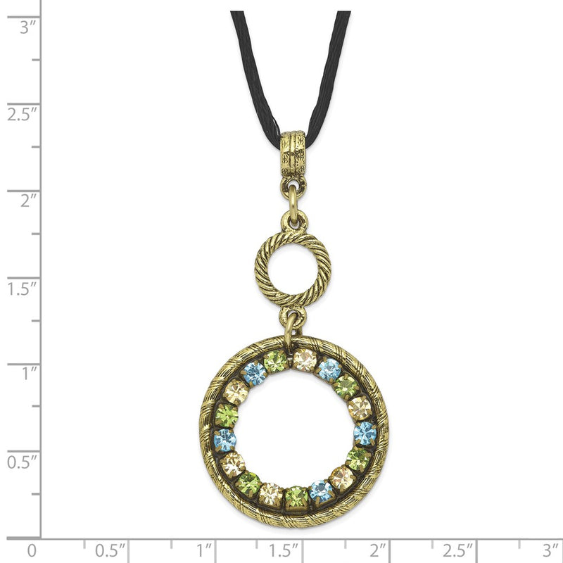 Fashion 1928 Jewelry Brass-Tone Blue Green And Light Colorado Crystal Double Circle Adjustable 16 Inch Satin Cord Necklace With 3 Extension