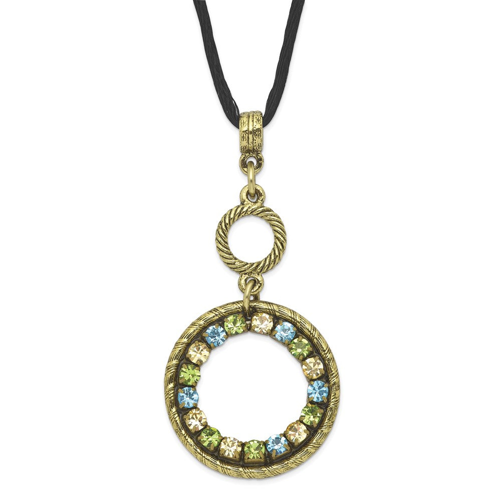 Fashion 1928 Jewelry Brass-Tone Blue Green And Light Colorado Crystal Double Circle Adjustable 16 Inch Satin Cord Necklace With 3 Extension