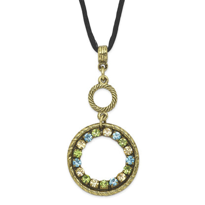 Fashion 1928 Jewelry Brass-Tone Blue Green And Light Colorado Crystal Double Circle Adjustable 16 Inch Satin Cord Necklace With 3 Extension
