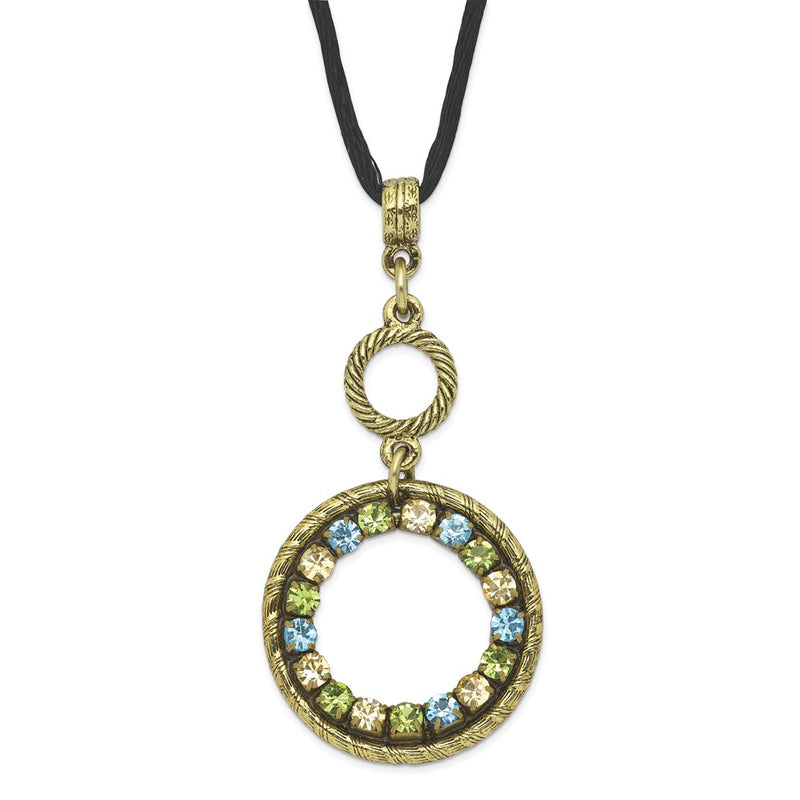 Fashion 1928 Jewelry Brass-Tone Blue Green And Light Colorado Crystal Double Circle Adjustable 16 Inch Satin Cord Necklace With 3 Extension