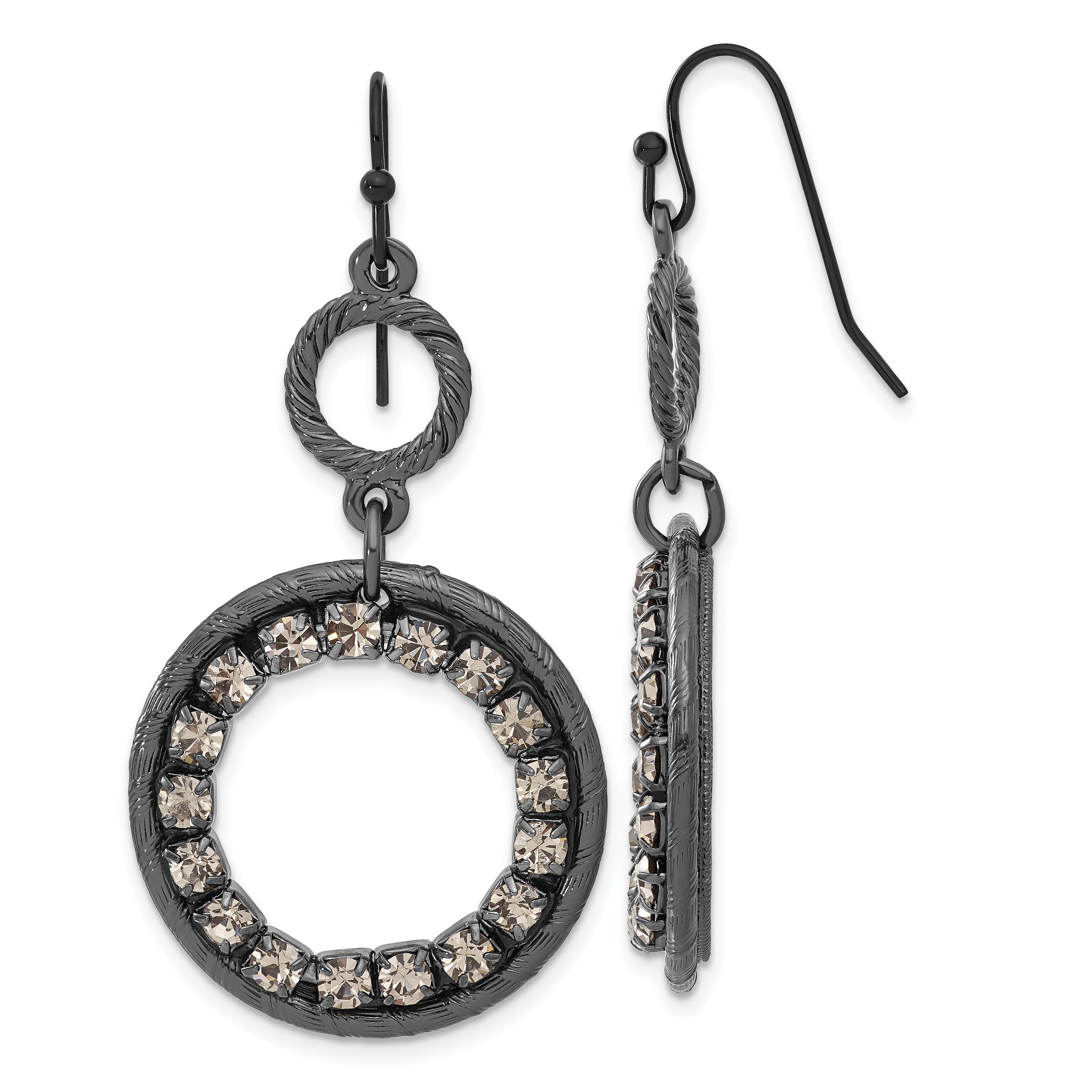 Fashion 1928 Black-Plated Smoky Crystal Circle Dangle Earrings