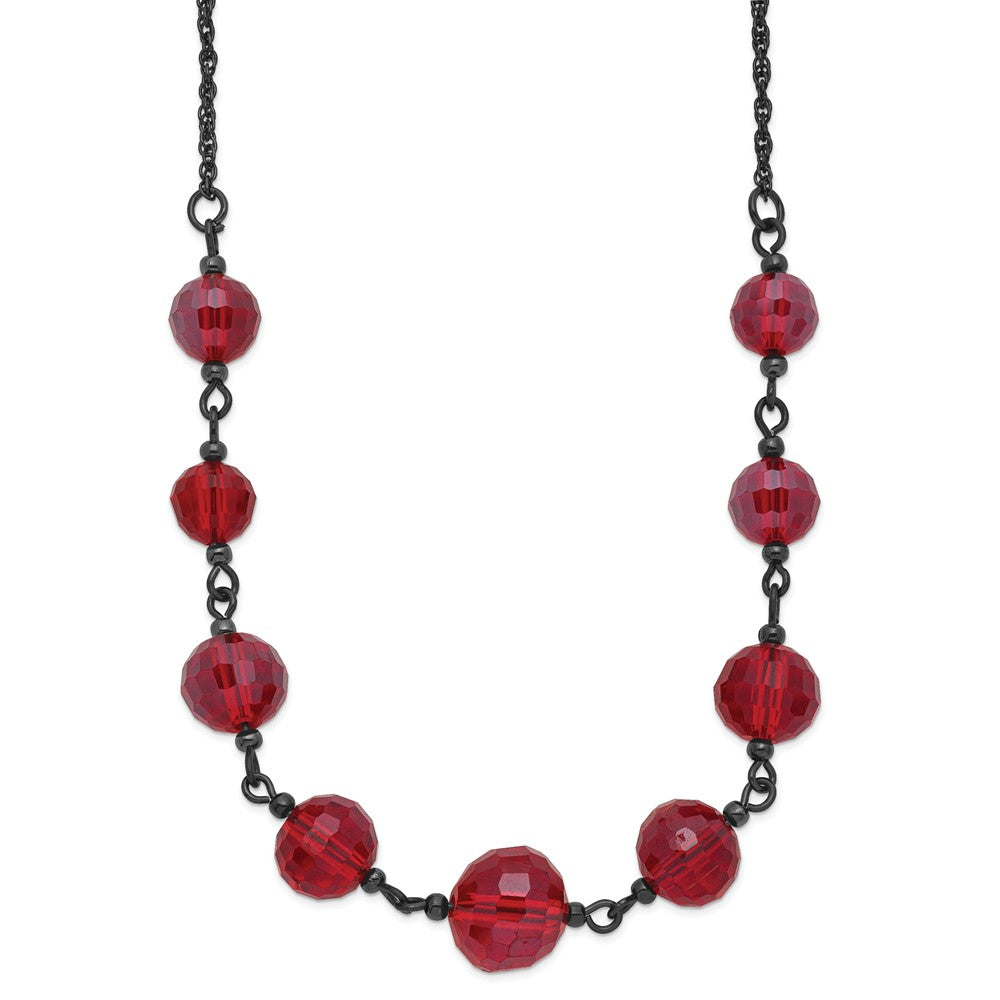 Fashion 1928 Jewelry Black-Plated Red Glass Faceted Graduated Bead 16 Inch Necklace With 3 Extension