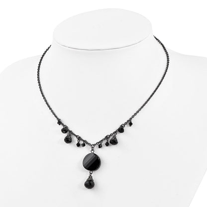 Fashion 1928 Jewelry Black-Plated Jet Black Faceted Glass Dangle Beads 16 Inch Necklace With 3 Extension