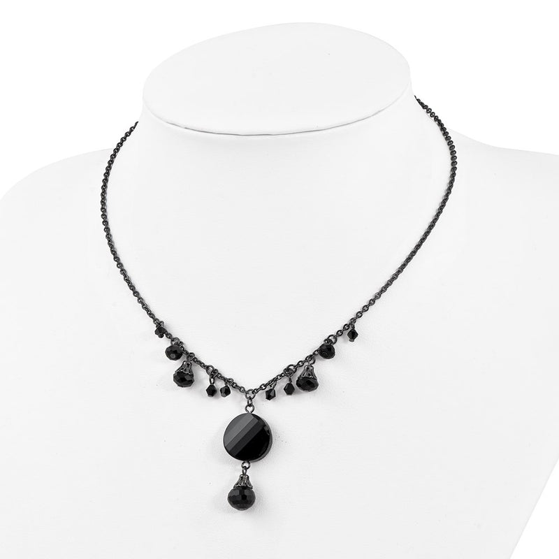Fashion 1928 Jewelry Black-Plated Jet Black Faceted Glass Dangle Beads 16 Inch Necklace With 3 Extension