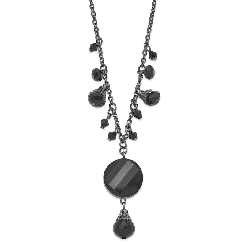 Fashion 1928 Jewelry Black-Plated Jet Black Faceted Glass Dangle Beads 16 Inch Necklace With 3 Extension