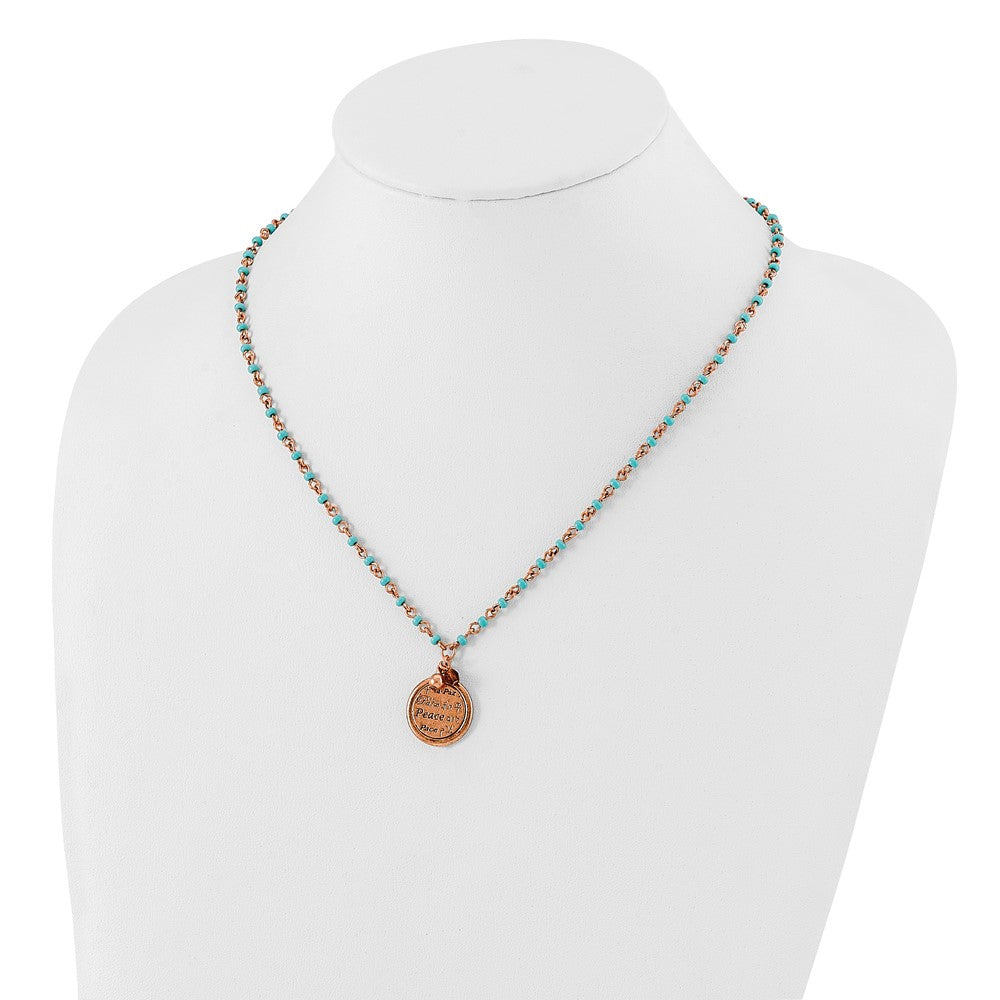 Fashion 1928 Jewelry Copper-Tone And Aqua Acrylic Bead Link Brown Polished Peace Pendant 16 In Necklace With 3 Inch Extension