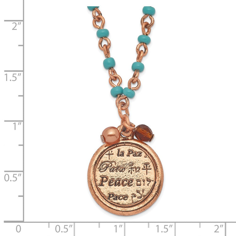 Fashion 1928 Jewelry Copper-Tone And Aqua Acrylic Bead Link Brown Polished Peace Pendant 16 In Necklace With 3 Inch Extension