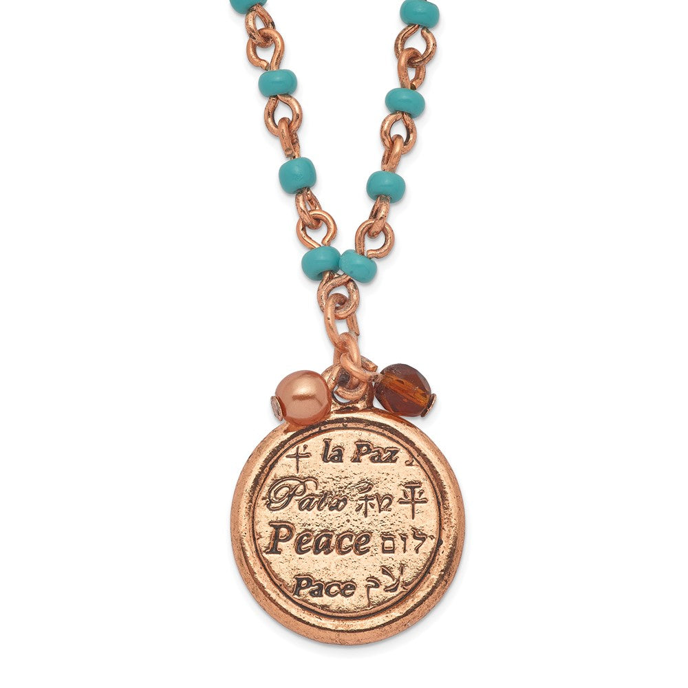 Fashion 1928 Jewelry Copper-Tone And Aqua Acrylic Bead Link Brown Polished Peace Pendant 16 In Necklace With 3 Inch Extension
