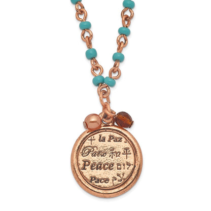 Fashion 1928 Jewelry Copper-Tone And Aqua Acrylic Bead Link Brown Polished Peace Pendant 16 In Necklace With 3 Inch Extension
