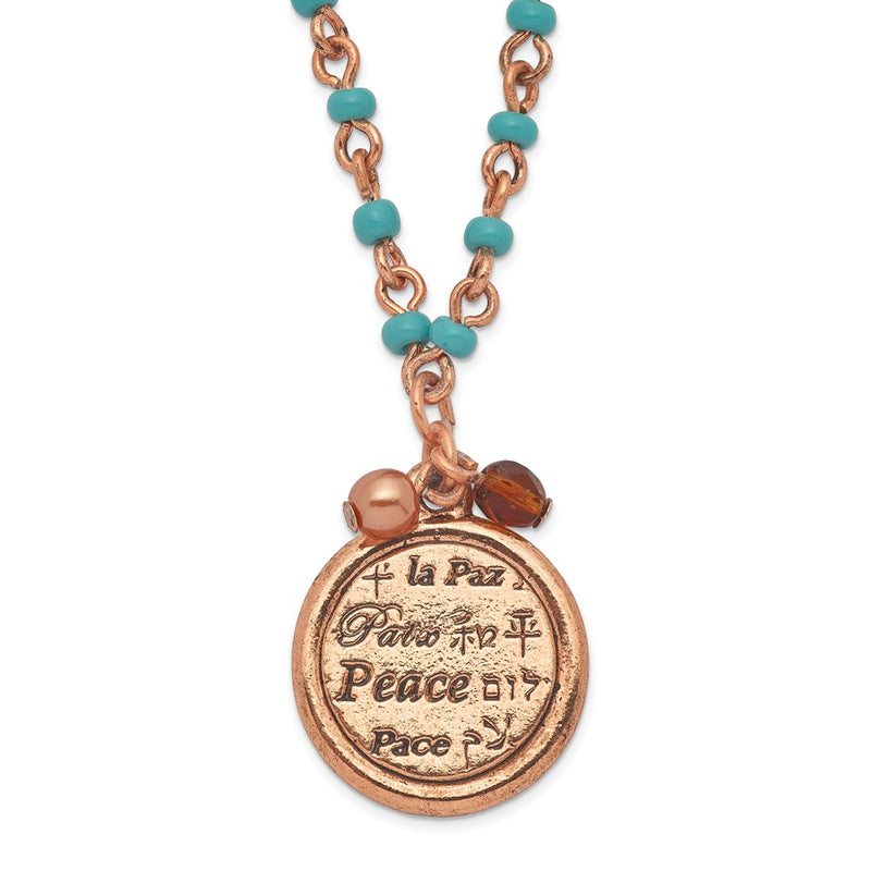 Fashion 1928 Jewelry Copper-Tone And Aqua Acrylic Bead Link Brown Polished Peace Pendant 16 In Necklace With 3 Inch Extension