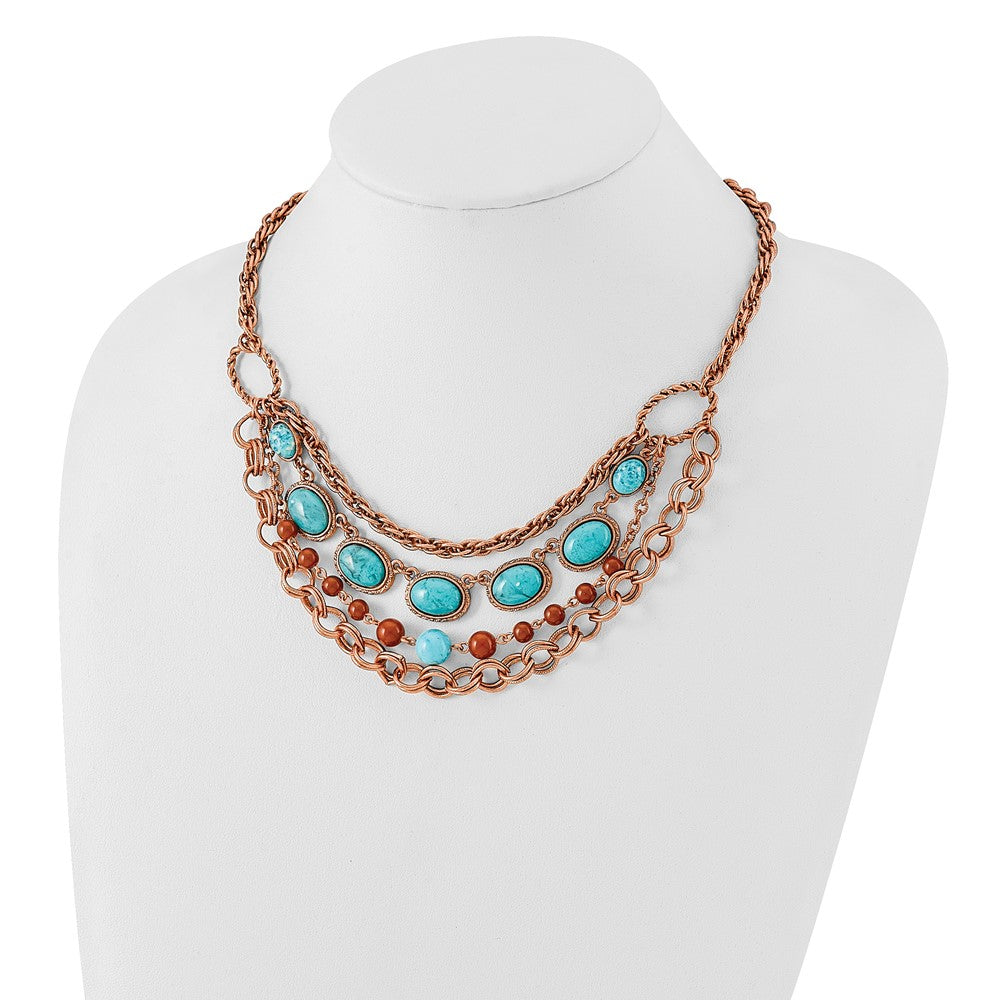 Fashion 1928 Jewelry Copper-Tone Textured Link Aqua And Brown Acrylic Beads Graduated Four Row 16 Inch Necklace With 3 Extension