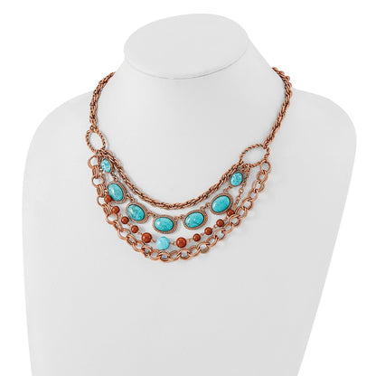 Fashion 1928 Jewelry Copper-Tone Textured Link Aqua And Brown Acrylic Beads Graduated Four Row 16 Inch Necklace With 3 Extension