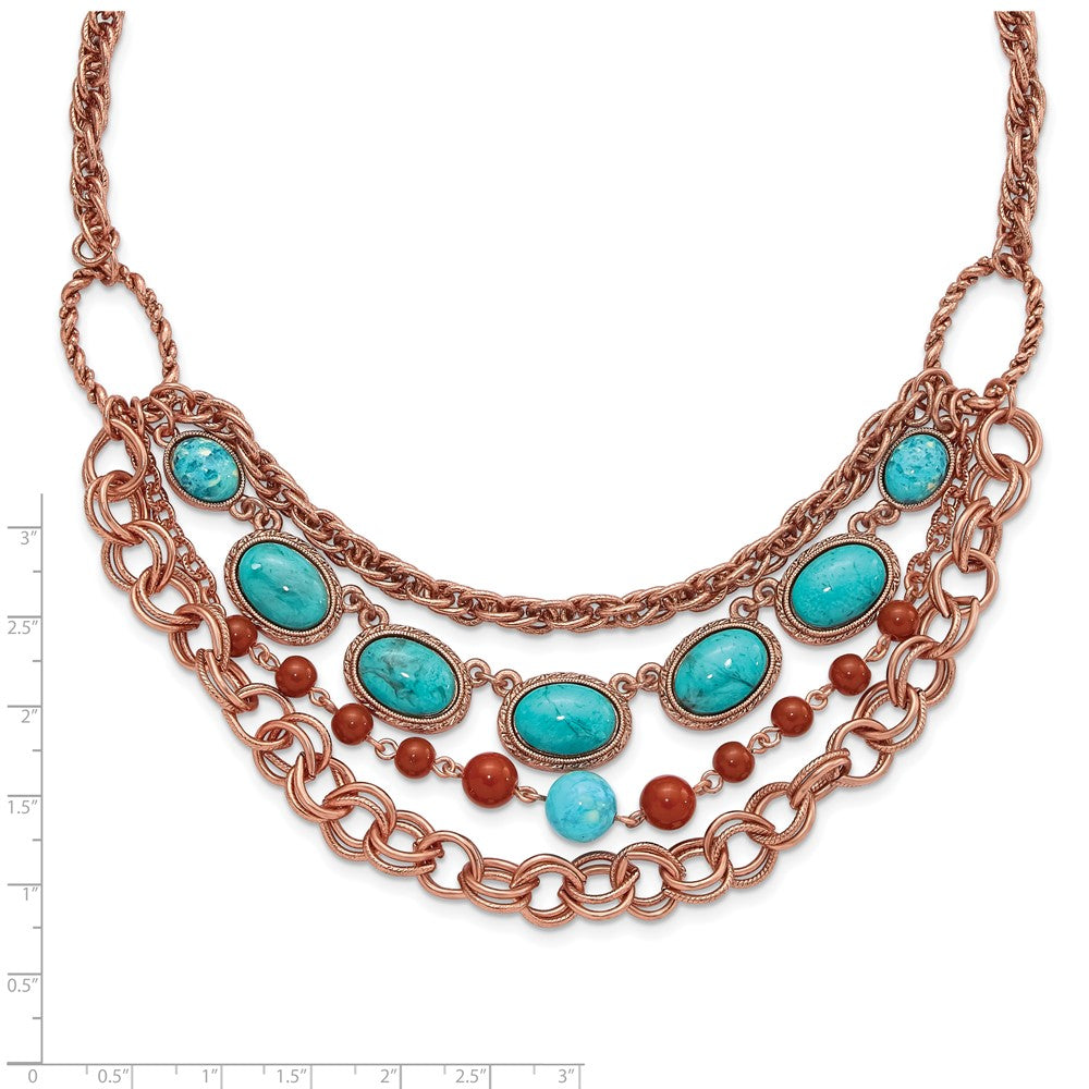 Fashion 1928 Jewelry Copper-Tone Textured Link Aqua And Brown Acrylic Beads Graduated Four Row 16 Inch Necklace With 3 Extension