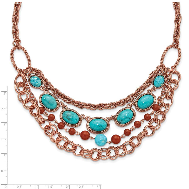 Fashion 1928 Jewelry Copper-Tone Textured Link Aqua And Brown Acrylic Beads Graduated Four Row 16 Inch Necklace With 3 Extension