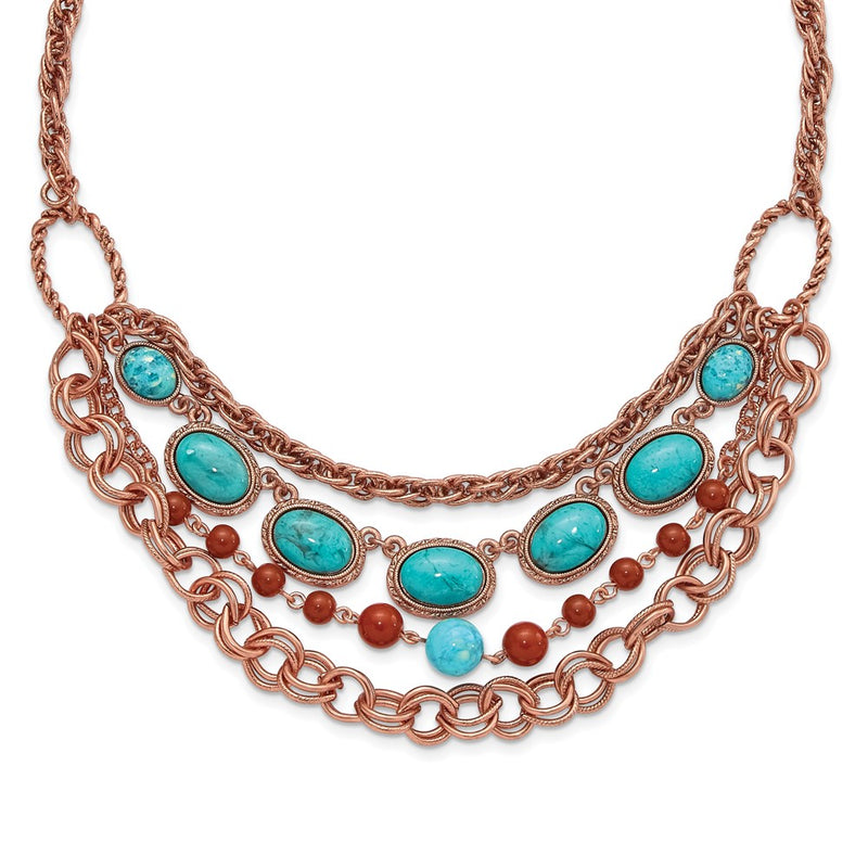 Fashion 1928 Jewelry Copper-Tone Textured Link Aqua And Brown Acrylic Beads Graduated Four Row 16 Inch Necklace With 3 Extension