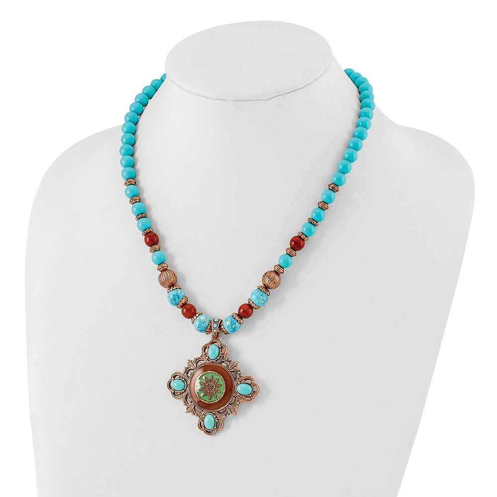 Fashion 1928 Jewelry Copper-Tone Frame And Beads Brown Aqua Enamel Acrylic 16 Inch Necklace With 3 Extension