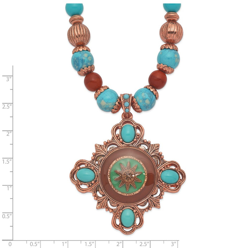 Fashion 1928 Jewelry Copper-Tone Frame And Beads Brown Aqua Enamel Acrylic 16 Inch Necklace With 3 Extension