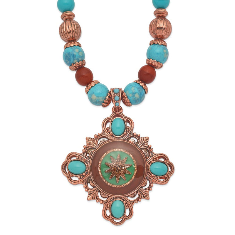 Fashion 1928 Jewelry Copper-Tone Frame And Beads Brown Aqua Enamel Acrylic 16 Inch Necklace With 3 Extension