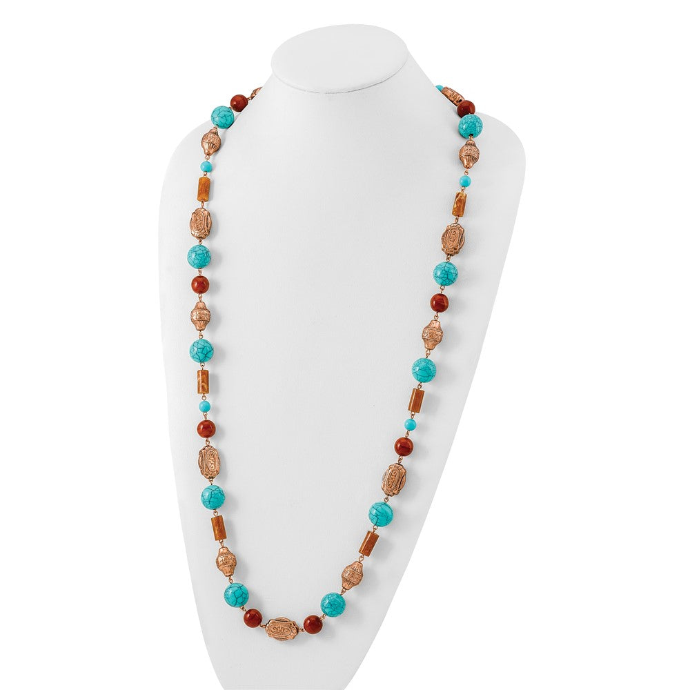 Fashion 1928 Jewelry Copper-Tone Pattern Aqua Blue And Brown Acrylic Beads Long 44 Inch Necklace