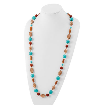 Fashion 1928 Jewelry Copper-Tone Pattern Aqua Blue And Brown Acrylic Beads Long 44 Inch Necklace