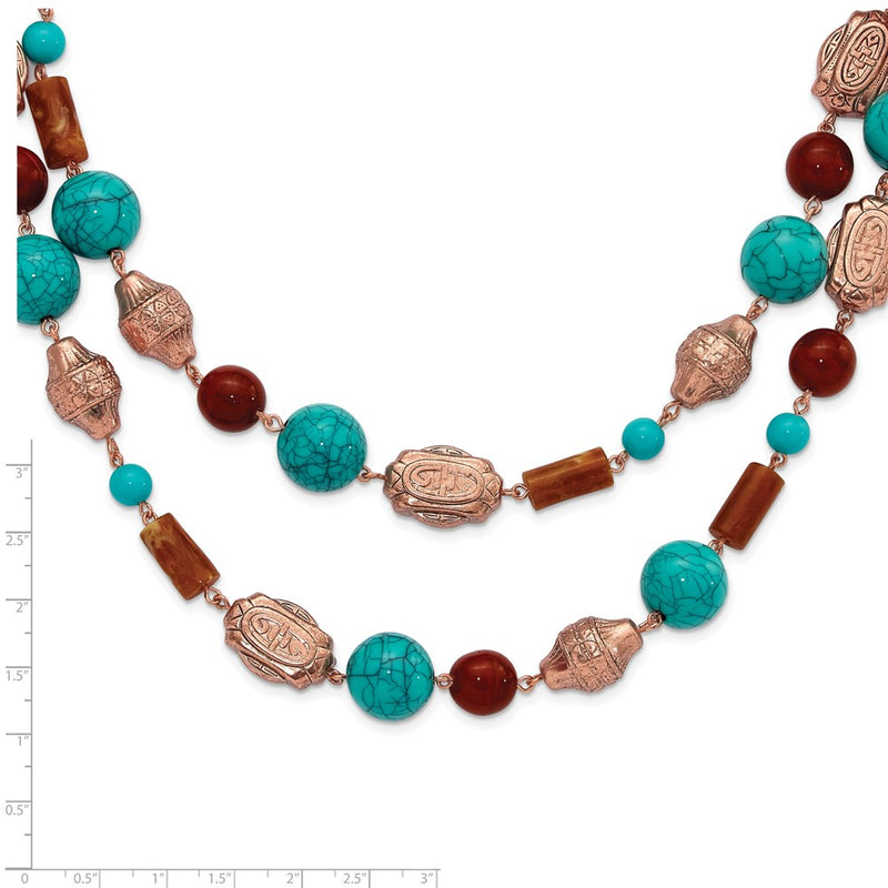 Fashion 1928 Jewelry Copper-Tone Pattern Aqua Blue And Brown Acrylic Beads Long 44 Inch Necklace