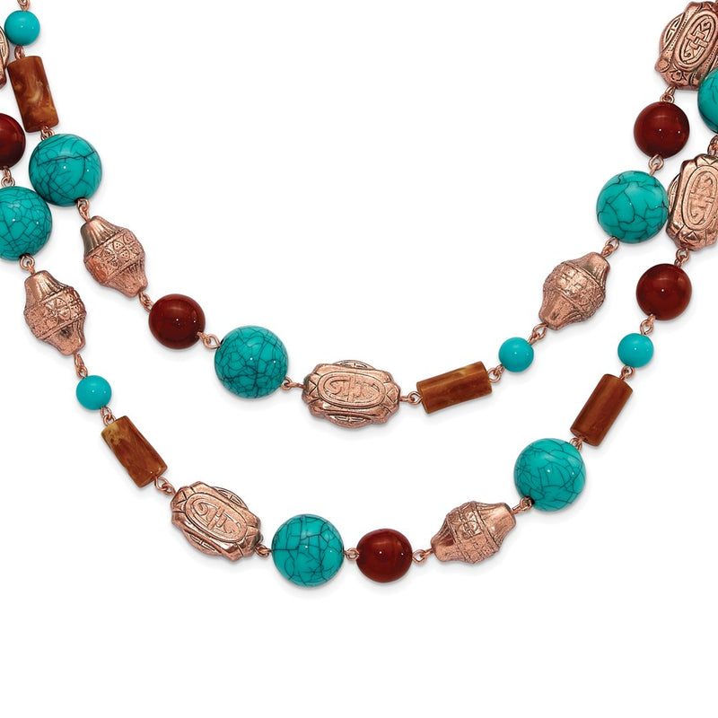 Fashion 1928 Jewelry Copper-Tone Pattern Aqua Blue And Brown Acrylic Beads Long 44 Inch Necklace