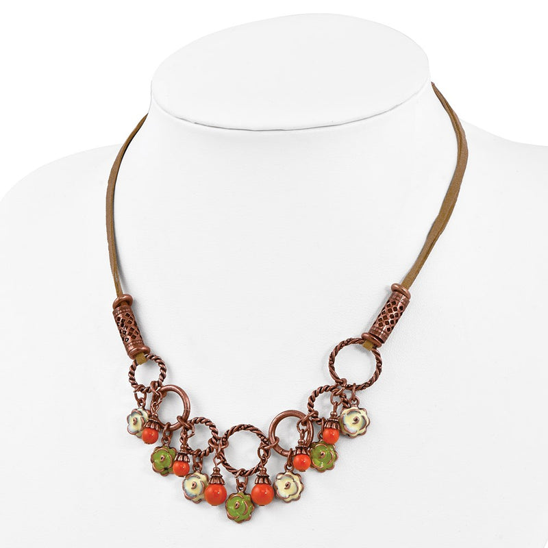 Fashion 1928 Jewelry Copper-Tone Textured Links Green And Light Enamel Flower Orange Acrylic Bead Dangles Adjustable 16 Inch Faux Seude Cord Necklace With 3 Extension