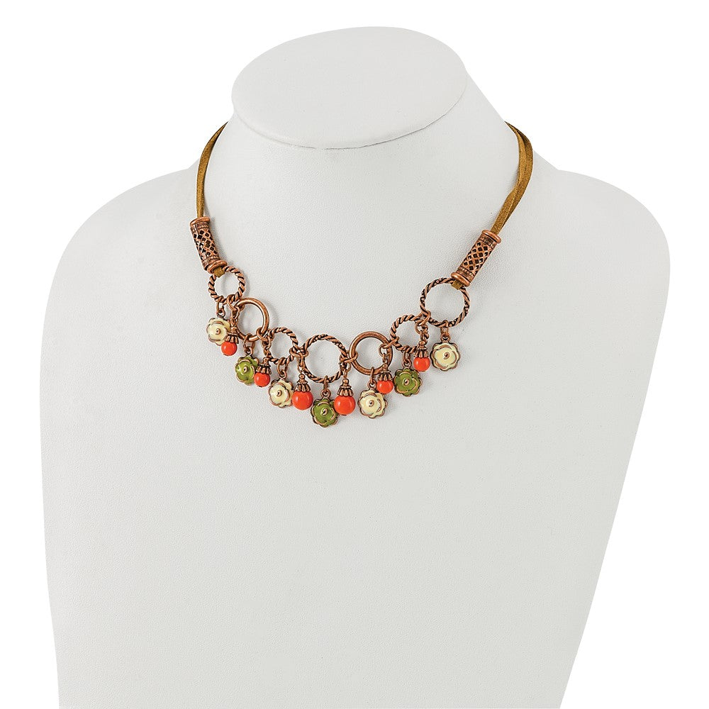 Fashion 1928 Jewelry Copper-Tone Textured Links Green And Light Enamel Flower Orange Acrylic Bead Dangles Adjustable 16 Inch Faux Seude Cord Necklace With 3 Extension