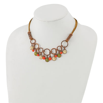 Fashion 1928 Jewelry Copper-Tone Textured Links Green And Light Enamel Flower Orange Acrylic Bead Dangles Adjustable 16 Inch Faux Seude Cord Necklace With 3 Extension