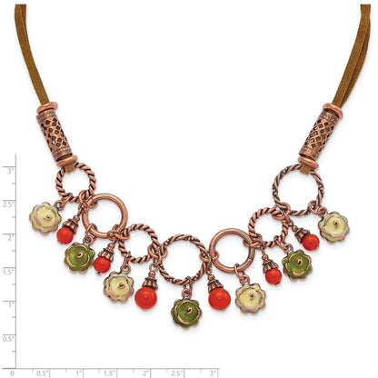 Fashion 1928 Jewelry Copper-Tone Textured Links Green And Light Enamel Flower Orange Acrylic Bead Dangles Adjustable 16 Inch Faux Seude Cord Necklace With 3 Extension