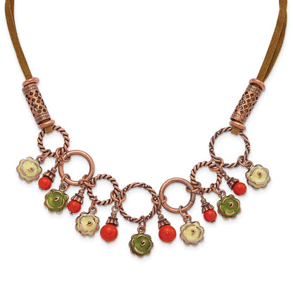 Fashion 1928 Jewelry Copper-Tone Textured Links Green And Light Enamel Flower Orange Acrylic Bead Dangles Adjustable 16 Inch Faux Seude Cord Necklace With 3 Extension