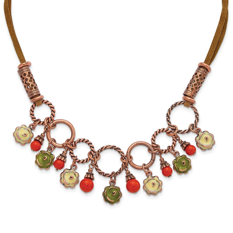 Fashion 1928 Jewelry Copper-Tone Textured Links Green And Light Enamel Flower Orange Acrylic Bead Dangles Adjustable 16 Inch Faux Seude Cord Necklace With 3 Extension