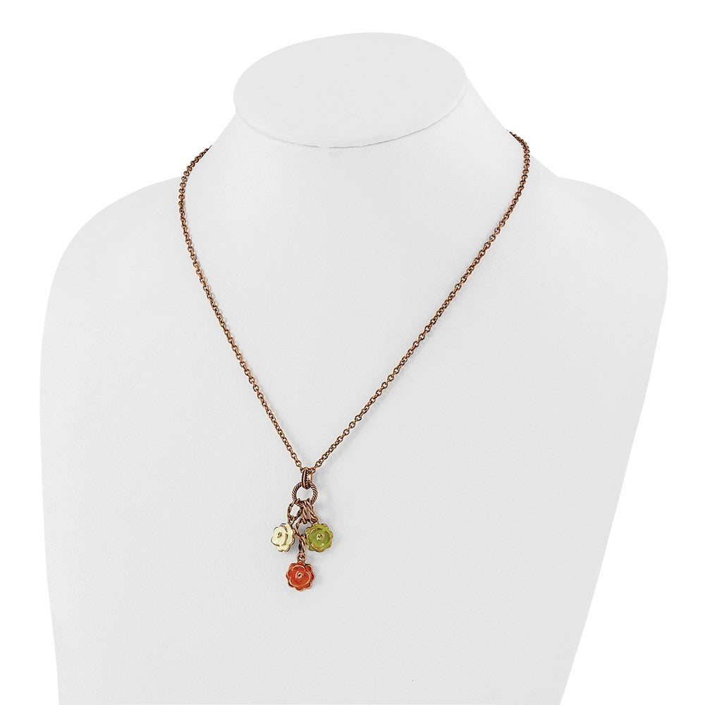 Fashion 1928 Jewelry Copper-Tone Textured Links Green Orange And Light Enameled Flower Dangle Adjustable 16 Inch Necklace With 3 Extension
