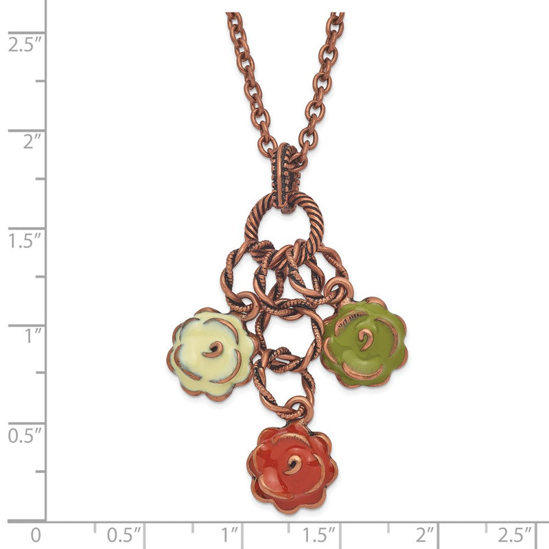 Fashion 1928 Jewelry Copper-Tone Textured Links Green Orange And Light Enameled Flower Dangle Adjustable 16 Inch Necklace With 3 Extension