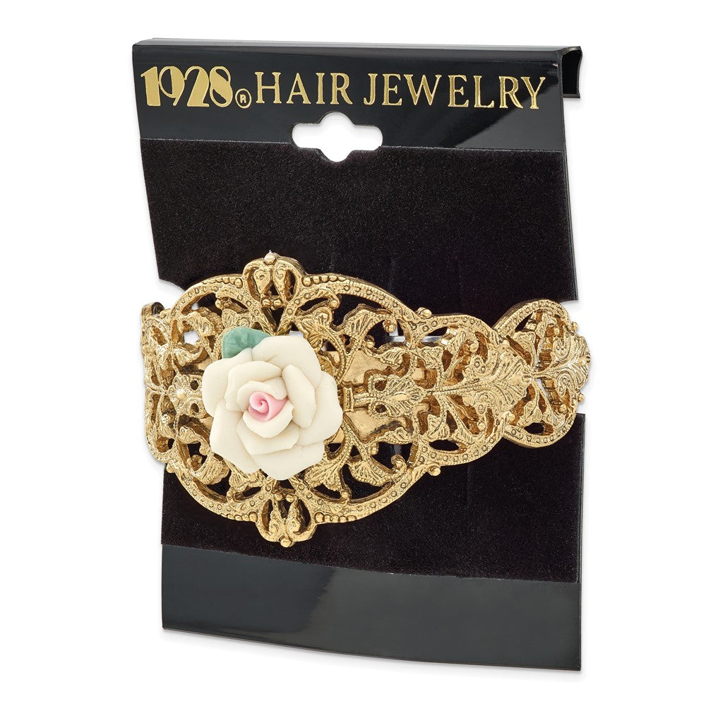 Fashion 1928 Jewelry Gold-Tone Filigree Ornate Porcelain Rose Ponytail Holder