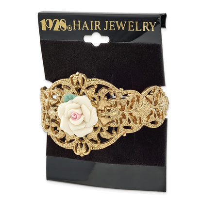 Fashion 1928 Jewelry Gold-Tone Filigree Ornate Porcelain Rose Ponytail Holder