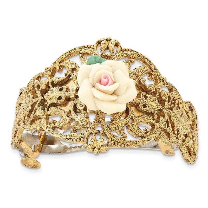 Fashion 1928 Jewelry Gold-Tone Filigree Ornate Porcelain Rose Ponytail Holder