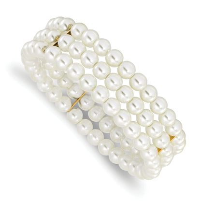 7 Inch 1928 Jewelry Gold-Tone 6mm Ivory Cultura Imitation Pearl 3 Row Stretch Bracelet