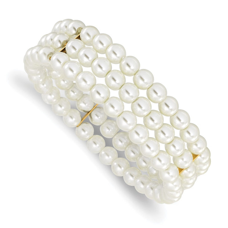 7 Inch 1928 Jewelry Gold-Tone 6mm Ivory Cultura Imitation Pearl 3 Row Stretch Bracelet