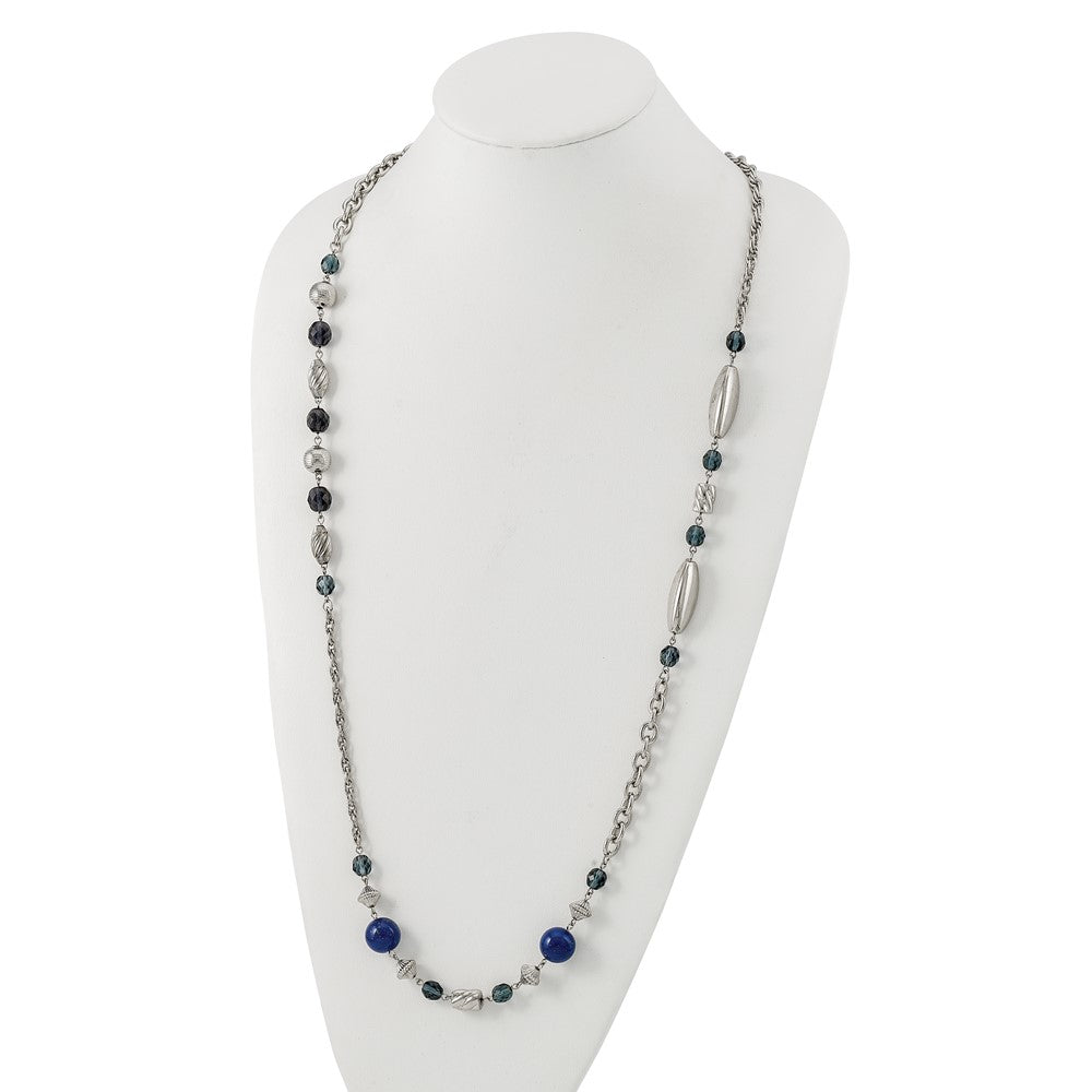 Fashion 1928 Jewelry Silver-Tone Link Textured Beads Blue And Faceted Crystals 44 Inch Necklace
