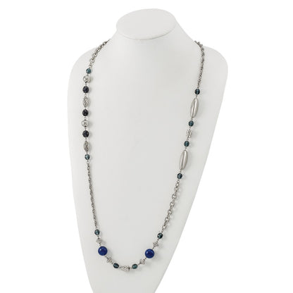 Fashion 1928 Jewelry Silver-Tone Link Textured Beads Blue And Faceted Crystals 44 Inch Necklace