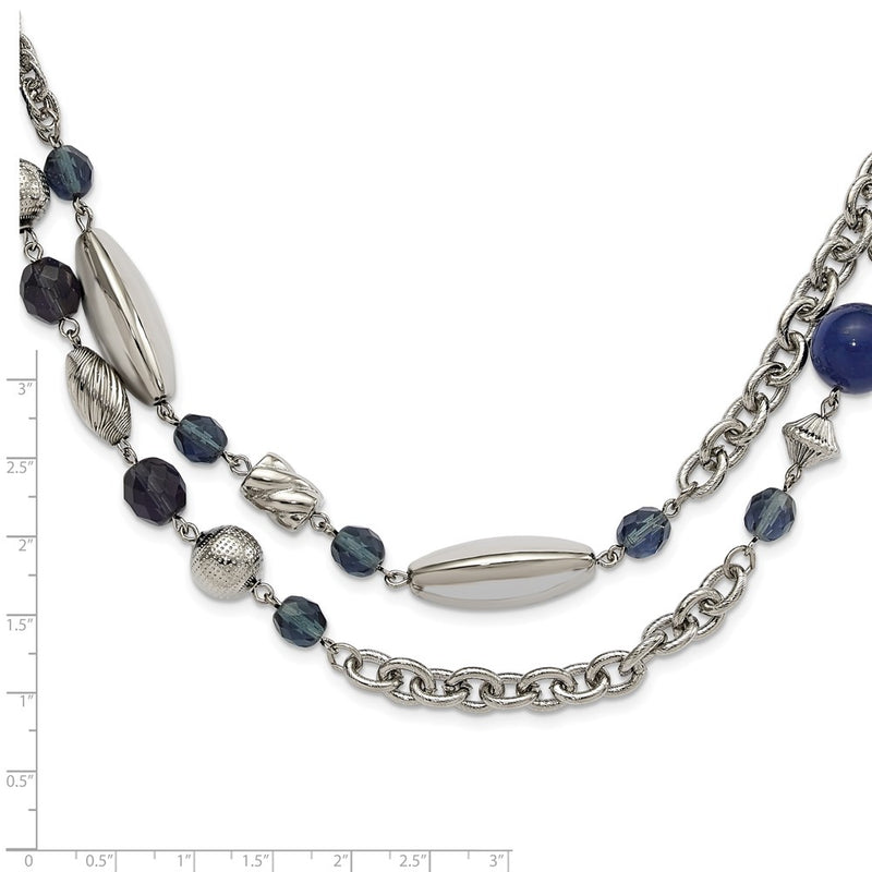 Fashion 1928 Jewelry Silver-Tone Link Textured Beads Blue And Faceted Crystals 44 Inch Necklace