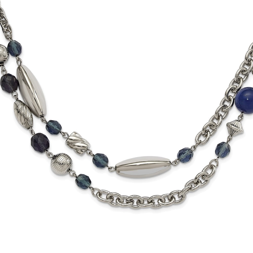 Fashion 1928 Jewelry Silver-Tone Link Textured Beads Blue And Faceted Crystals 44 Inch Necklace