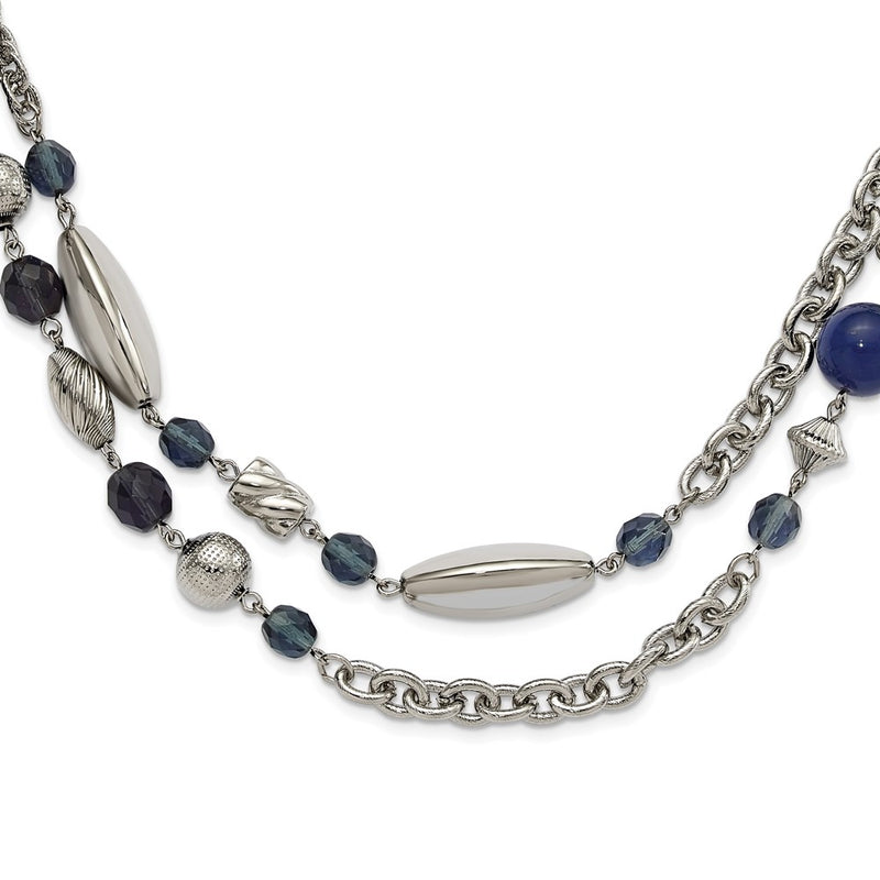 Fashion 1928 Jewelry Silver-Tone Link Textured Beads Blue And Faceted Crystals 44 Inch Necklace