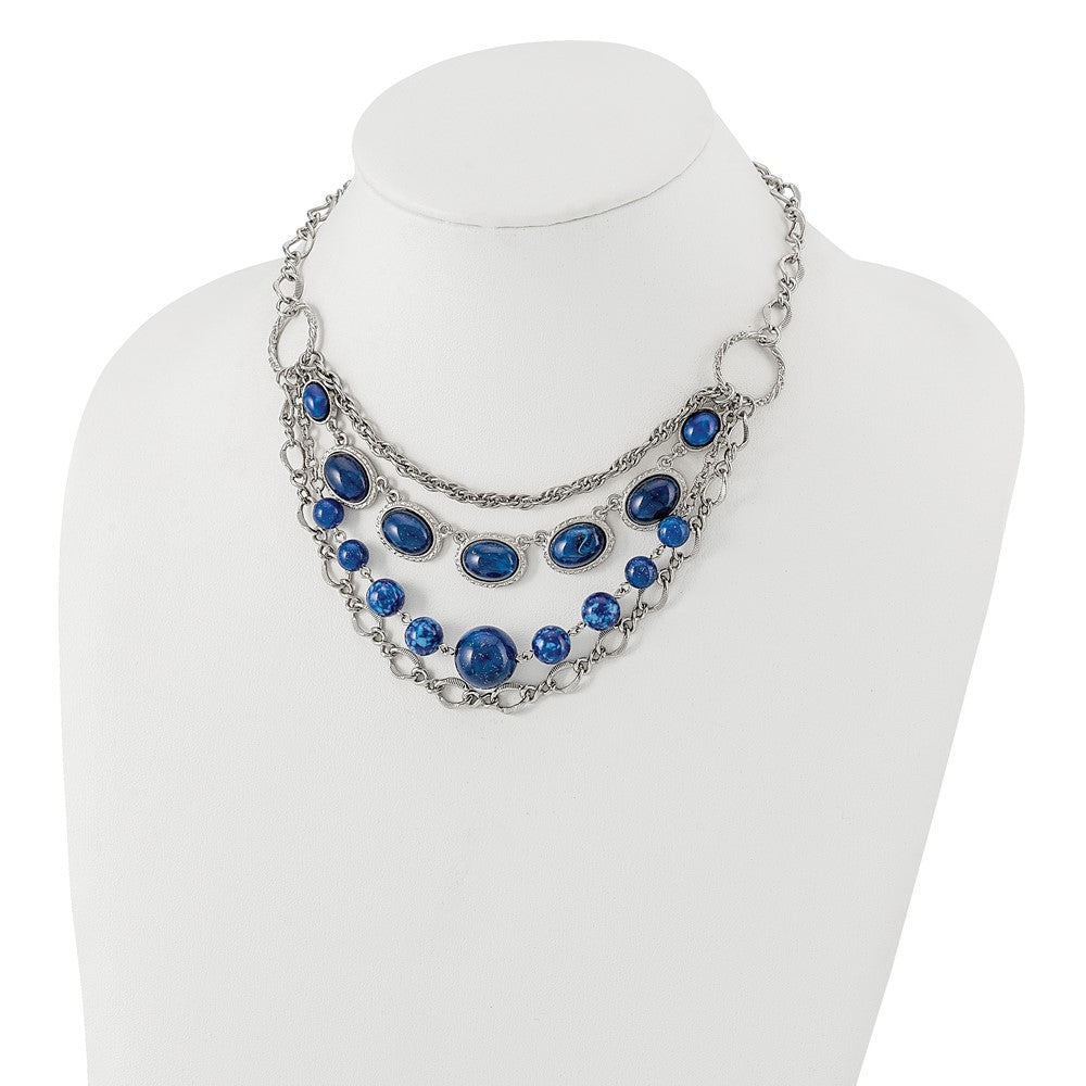 Fashion 1928 Jewelry Silver-Tone Textured Link Blue Glass Beads Graduated Four Row 16 Inch Necklace With 3 Extension