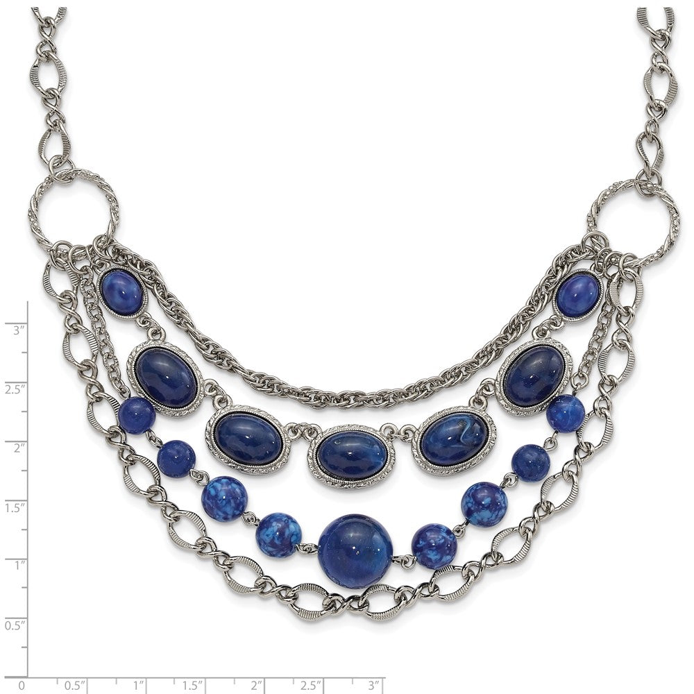 Fashion 1928 Jewelry Silver-Tone Textured Link Blue Glass Beads Graduated Four Row 16 Inch Necklace With 3 Extension