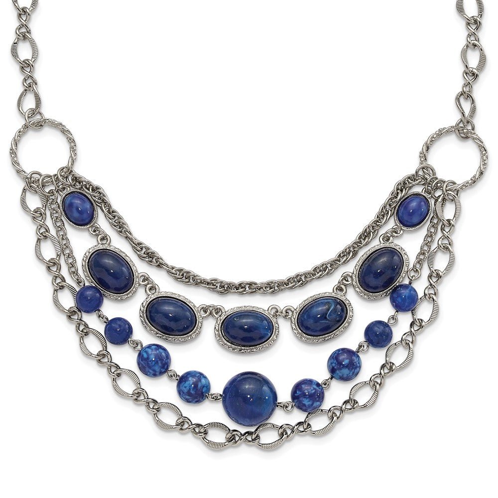 Fashion 1928 Jewelry Silver-Tone Textured Link Blue Glass Beads Graduated Four Row 16 Inch Necklace With 3 Extension
